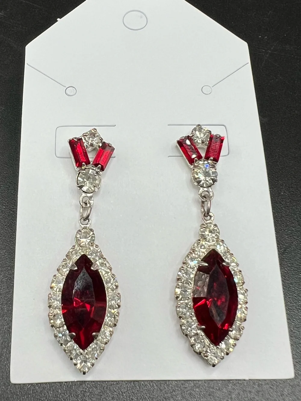 Vtg Red Rhinestone Dangle Earrings Silver Tone Marquise Glass Stones Art Deco